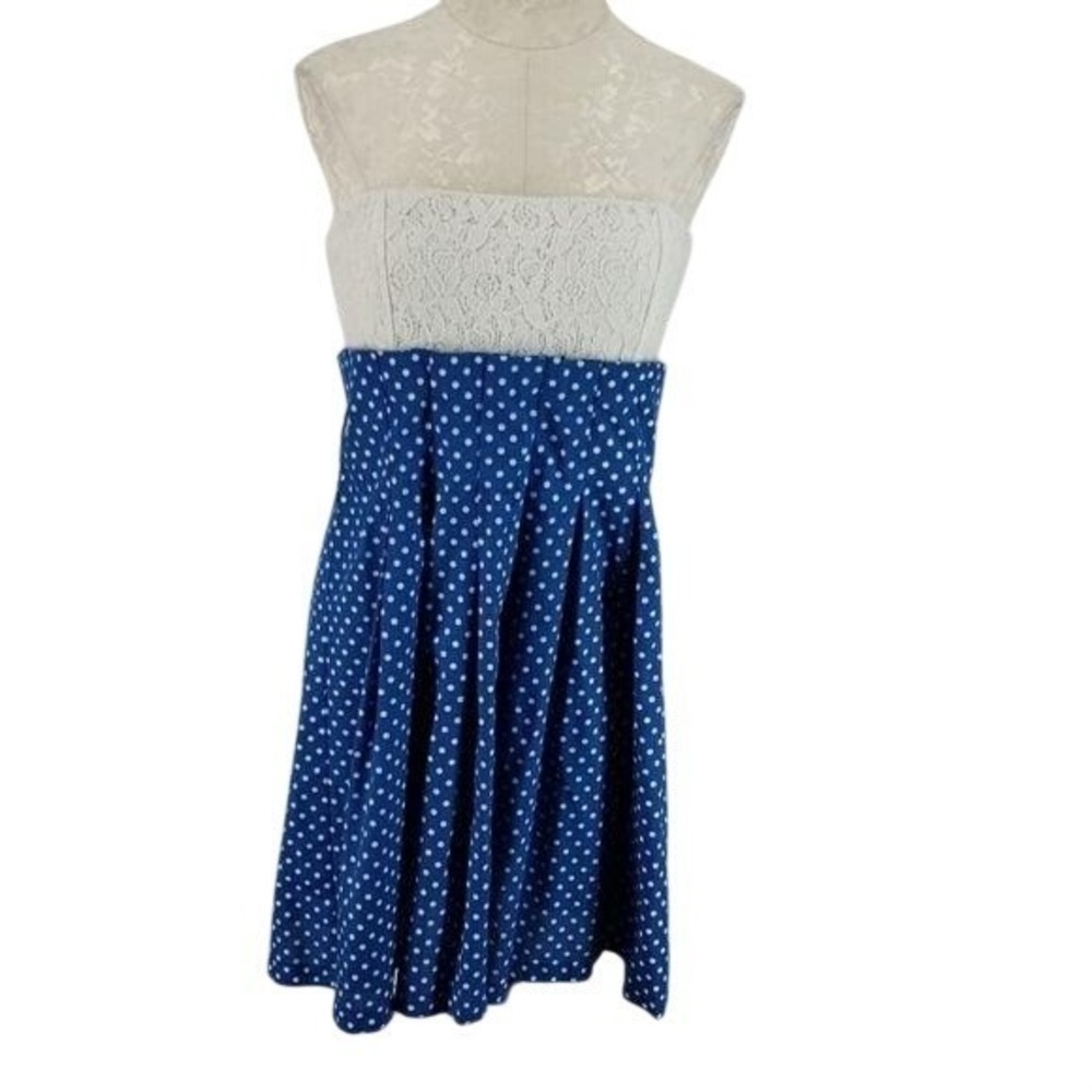 Freeway Strapless Lace Polka Dot Mini Dress Blue White Pleated Size L 8040